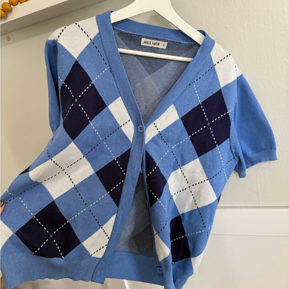 Grace Karin Blue and White Argyle Sweater - Picture 2 of 4